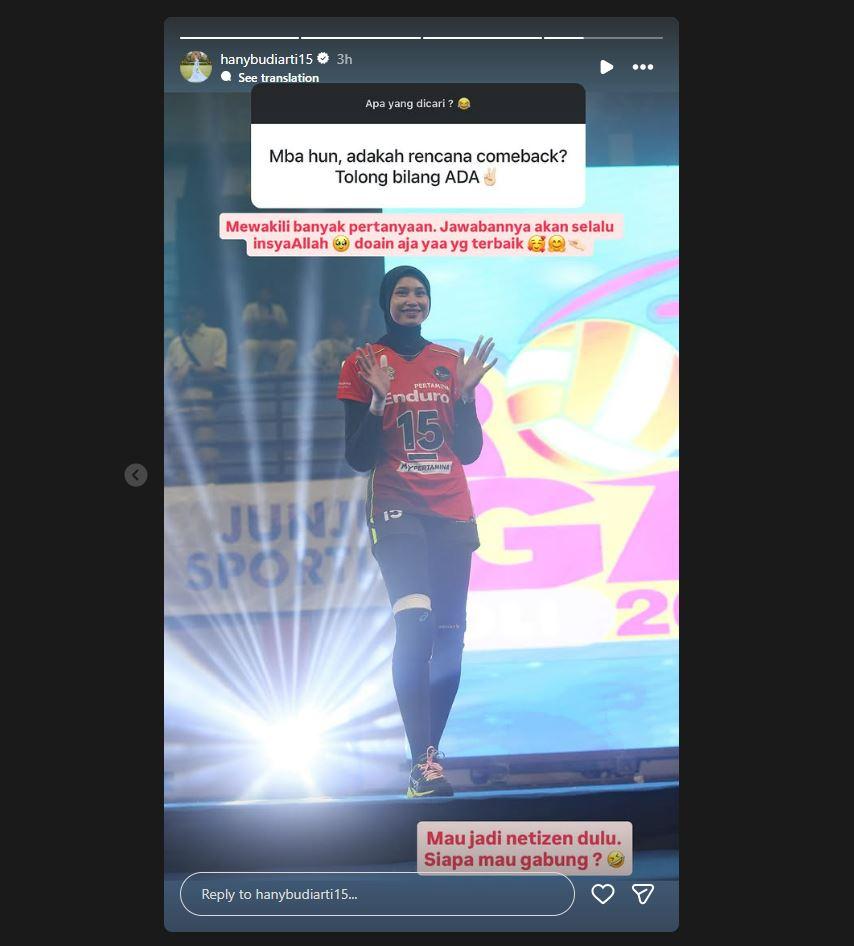 HANY COMEBACK - Opposite senior Indonesia, Hany Budiarti mengirim kode untuk bisa kembali bermain di Proliga 2026, dalam unggahan di media sosial Instagramnya, Kamis (13/11/2025)