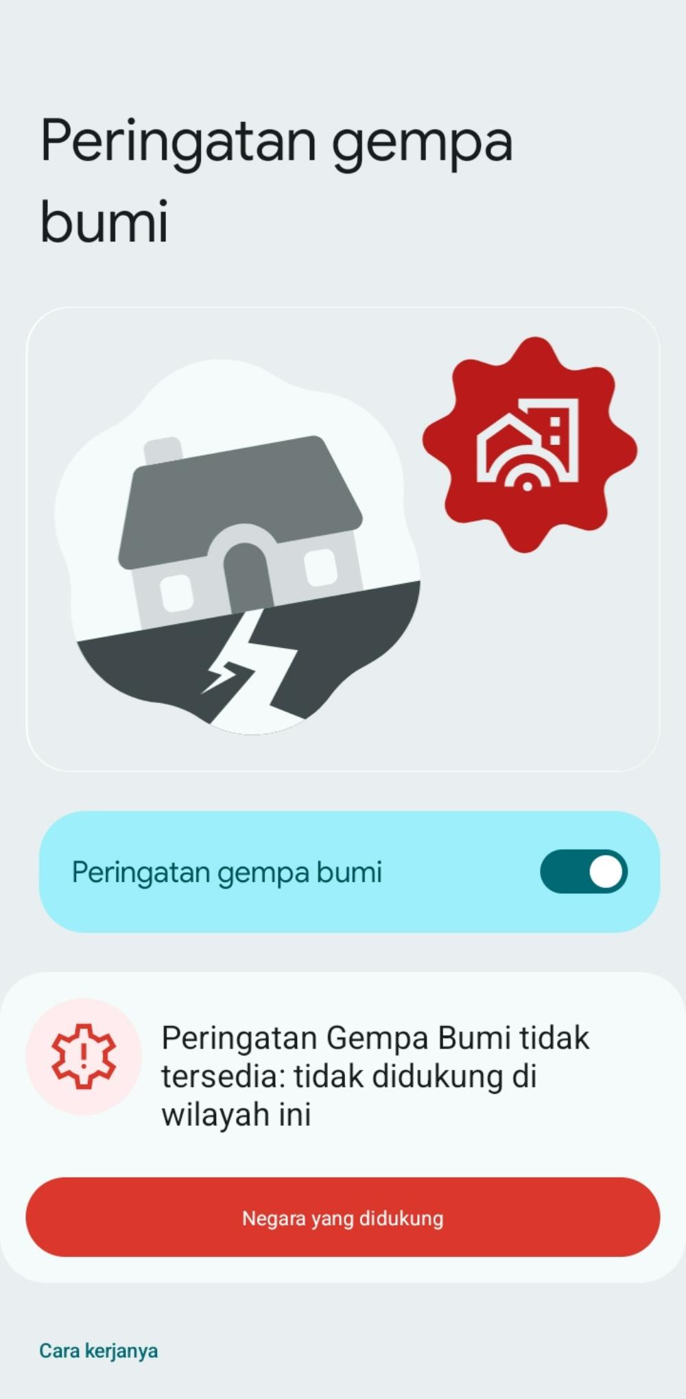 PERINGATAN GEMPA - Tangkap layar fitur AEAS di ponsel Android.