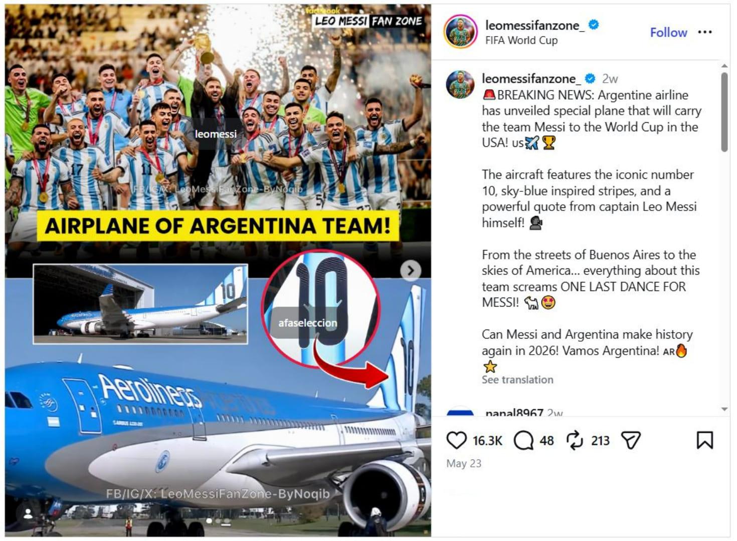 PESTA SEPAK BOLA - Tangkap layar memperlihatkan pesawat khusus yang akan membawa tim Messi ke Piala Dunia di AS.