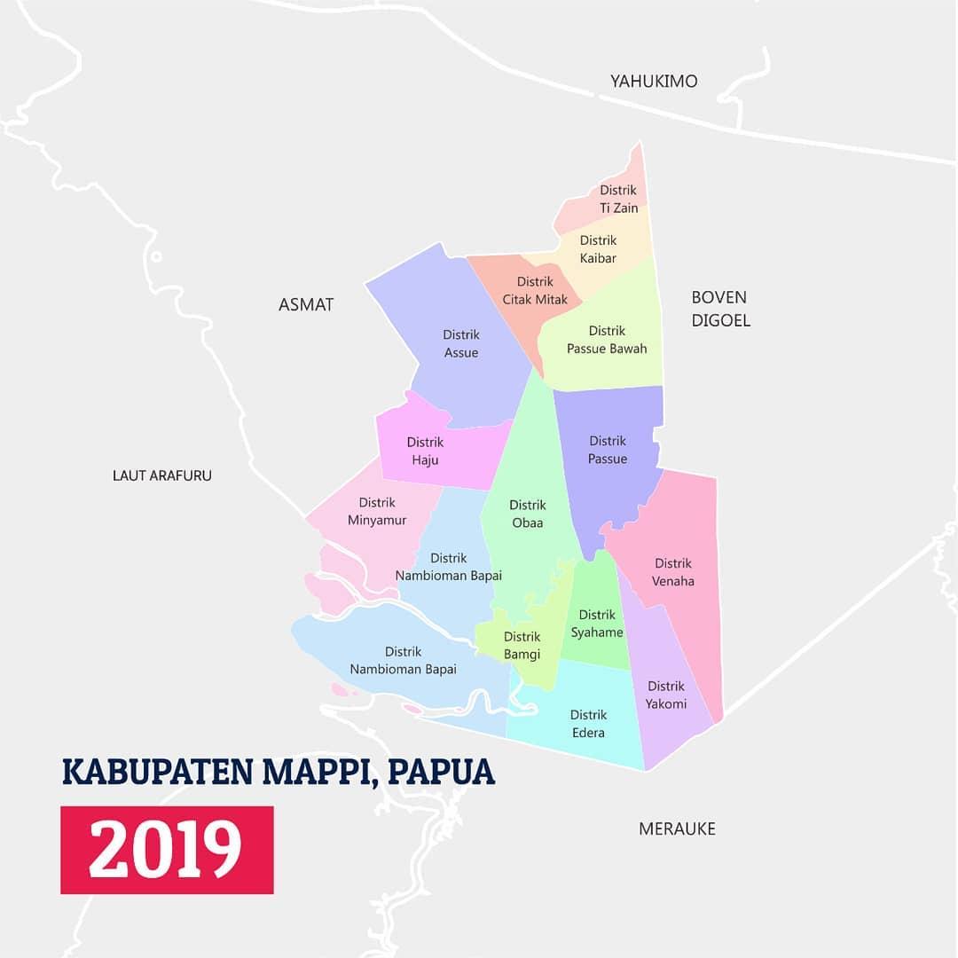 PETA KABUPATEN MAPPI - Peta Kabupaten Mappi, Papua Selatan yang diambil dari akun Instagram Gugus Tugas Papua UGM, Minggu (26/10/2025).