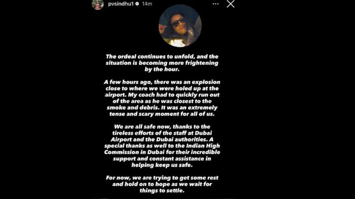 TERDAMPAK PERANG - Unggahan PV Sindhu yang menyatakan bahwa ia sempat terdampak perang Iran vs AS-Israel saat akan berangkat menuju All England 2026, bertempat di Bandara Internasional Dubai, Dubai, Uni Emirat Arab, Sabtu (28/1/2026)