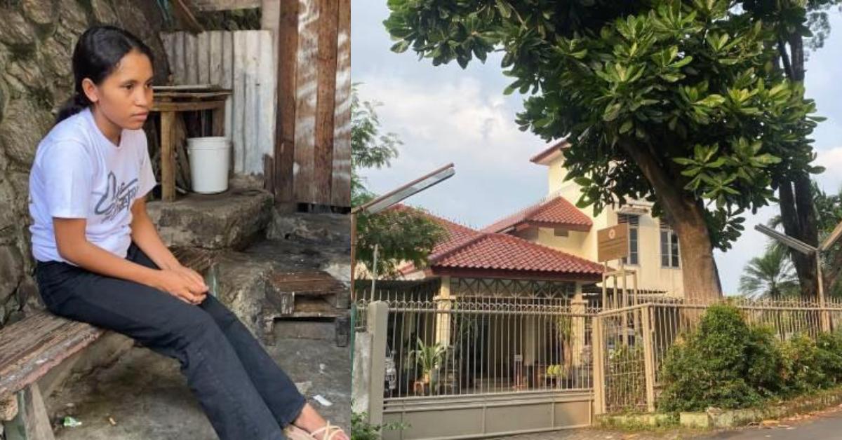 PANTI JOMPO - (Kiri) Regina (21), salah satu pekerja asal NTT yang dihukum squat jump 300 kali oleh majikan, Sabtu (10/10/2025). (Kanan) Penampakan panti jompo di Bantarjati, Kecamatan Bogor Utara, Kota Bogor, Jumat (10/10/2025).