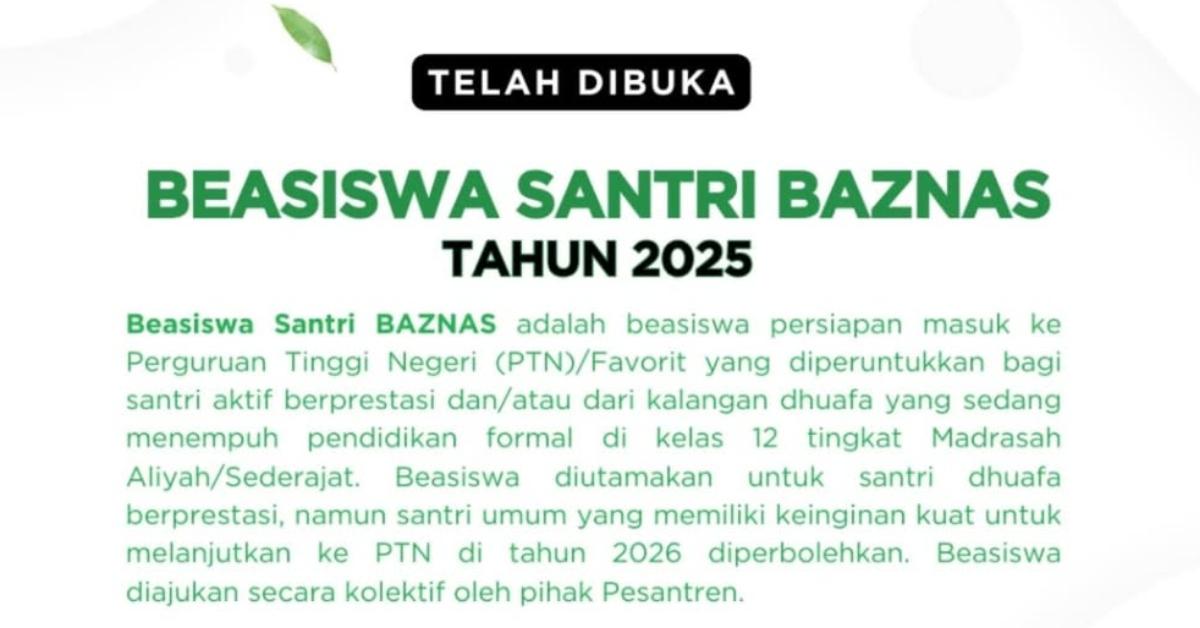 Pendaftaran Beasiswa Santri BAZNAS 2025 Dibuka Hari Ini, Bantuan Dana Rp4 Juta per Santri