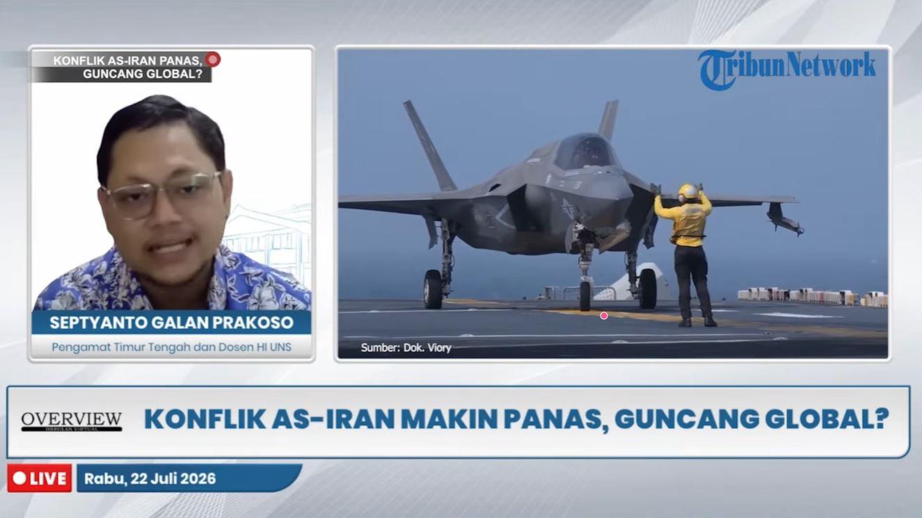 PERANG IRAN - Tangkap layar YouTube Tribunnews 22 Juli 2026, memperlihatkan Pengamat Timur Tengah dan Dosen HI UNS, Septyanto Galan Prakoso dalam program Overview Tribunnews. Menurut Galan, sebelum konflik kembali memanas akhir-akhir ini, sebenarnya telah terdapat nota kesepahaman (MoU) yang membuka jalan menuju proses perdamaian.