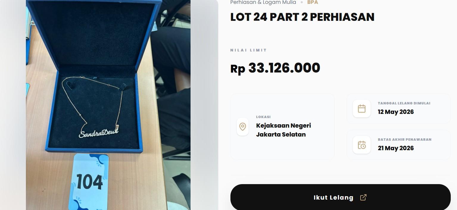 Daftar Barang Mewah Sandra Dewi Dilelang Kejagung: Kalung 18 Karat Rp33 Juta, Tas Channel Rp95 Juta