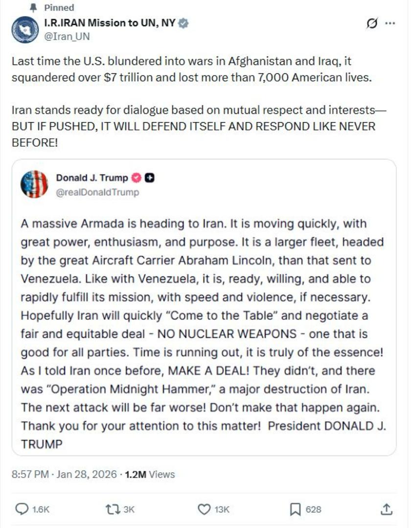IRAN VS AMERIKA - Tangkapan layar postingan Twitter Perwakilan Iran di PBB, Rabu (28/1/2026).