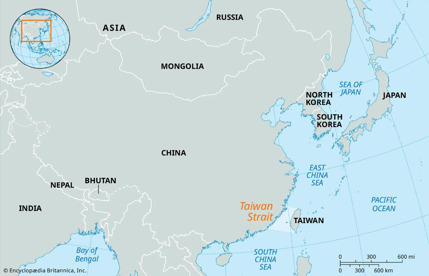 SELAT TAIWAN - Peta Asia Timur, yang menunjukkan Selat Taiwan.