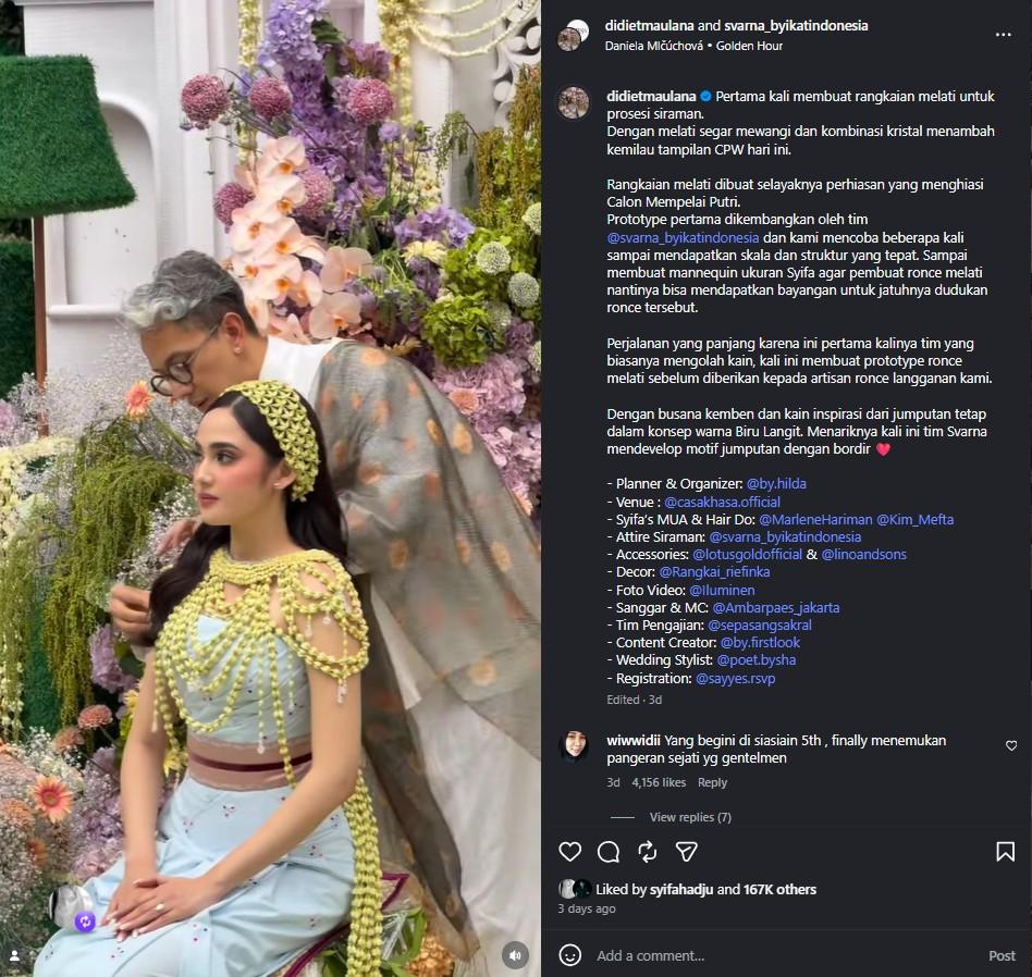 Potret Syifa Hadju saat siraman mengenakan ronce melati karya Didiet Maulana.