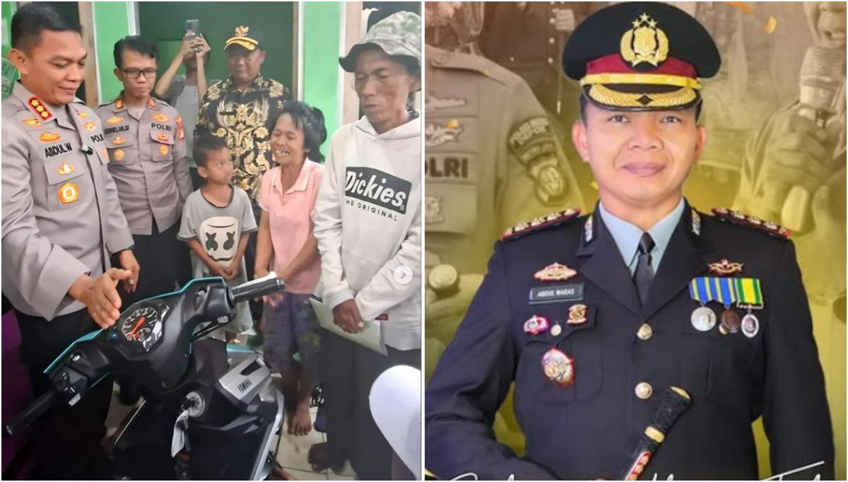 VIRAL ES GABUS - (Kiri) Kapolres Metro Depok Kombes Pol Abdul Waras, S.I.K memberikan bingkisan kendaraan sepeda motor Sudrajat, penjual es gabus yang viral dan (Kanan) Foto Kombes Pol Abdul Waras.
