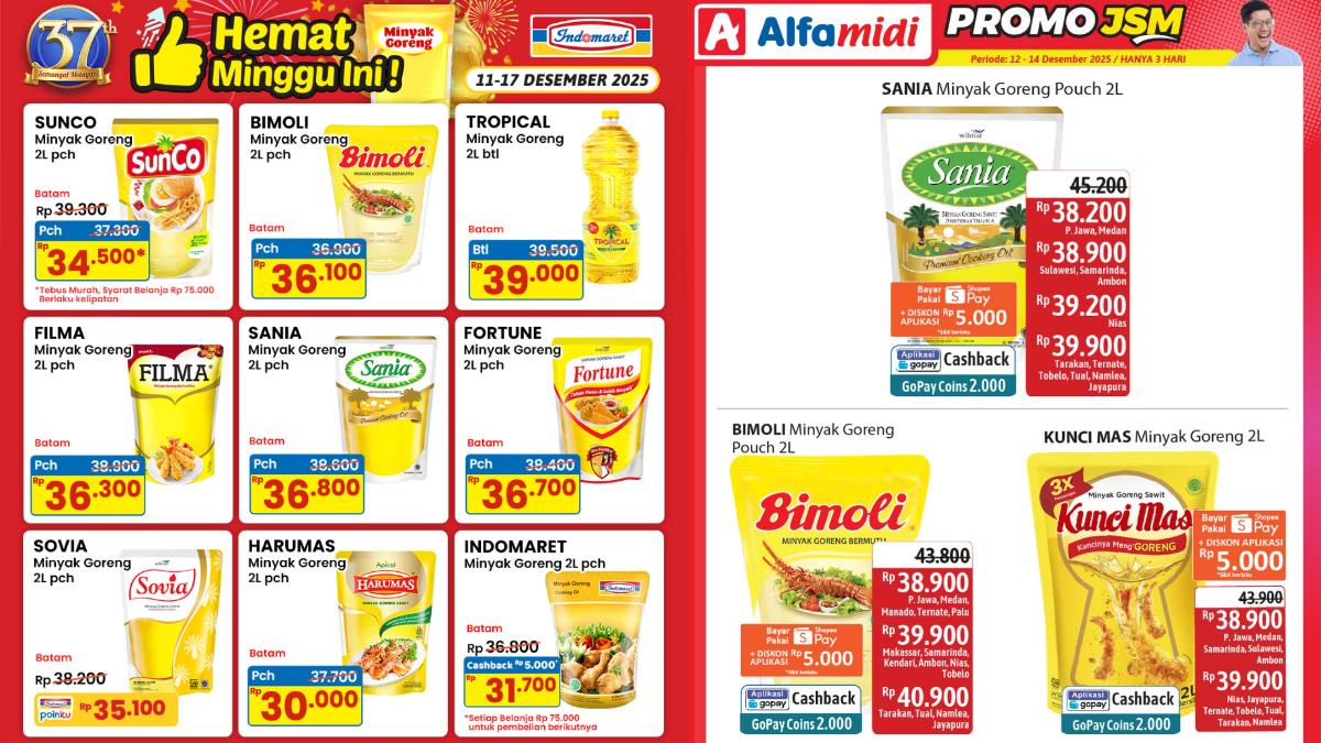 Promo Indomaret, Alfamart, Alfamidi Minyak Goreng 13-18 Desember: Mulai Rp30.000/2L, Diskon Rp7.700