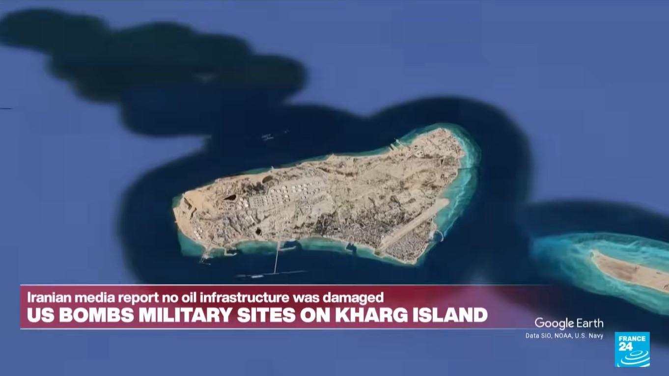 PULAU KHARG - Tangkap layar YouTube FRANCE 24 English 14 Maret 2026, memperlihatkan Pulau Kharg di Iran. Serangan Amerika Serikat terhadap Pulau Kharg di Iran memicu kepanikan di China karena pulau itu menjadi pusat ekspor minyak Iran.