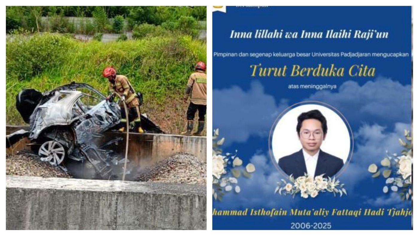 KECELAKAAN TOL CISUMDAWU - Petugas mengevakuasi mobil Toyota Raize yang terbelah dua dan terbakar usai menabrak pembatas jalan di Tol Casumdawu, Sumedang.  Foto ucapan duka cita Universitas Padjadjaran (Unpad) Muhammad Isthofain Mutaaliy FH (19) meninggal dunia dan foto kecelakaan maut dialami Muhammad Isthofain di Tol Cisumdawu, Senin (13/10/2025). - Inilah sosok pengemudi Toyota Rize yang tewas dalam kecelakaan maut di Tol Cisumdawu, ternyata anak guru besar ITB, empat universitas berduka cita.