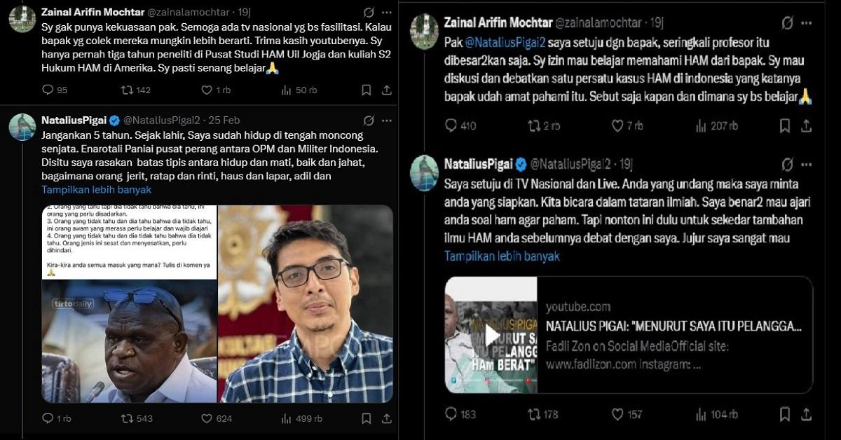 TANTANGAN DEBAT PIGAI - Saling balas cuitan Menteri HAM Natalius Pigai dan Guru Besar FH UGM Prof. Dr. Zainal Arifin Mochtar hingga berujung tantangan debat bahas HAM di tv nasional.