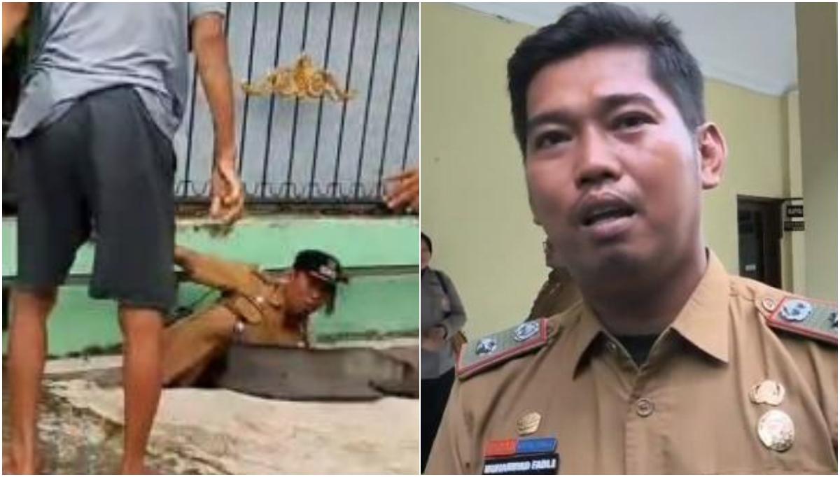 LURAH MASUK GOT - (Kiri) Beredar di media sosial Instagram aksi seorang pria paruh baya mendorong seorang lurah hingga terjebur di dalam parit, di Jalan Madupuro, Kelurahan Perintis, Kecamatan Medan Timur, Kota Medan, pada Senin (13/10/2025) dan (Kanan) Muhammad Fadli, Lurah Perintis, Medan Timur, Kota Medan, Sumatera Utara.