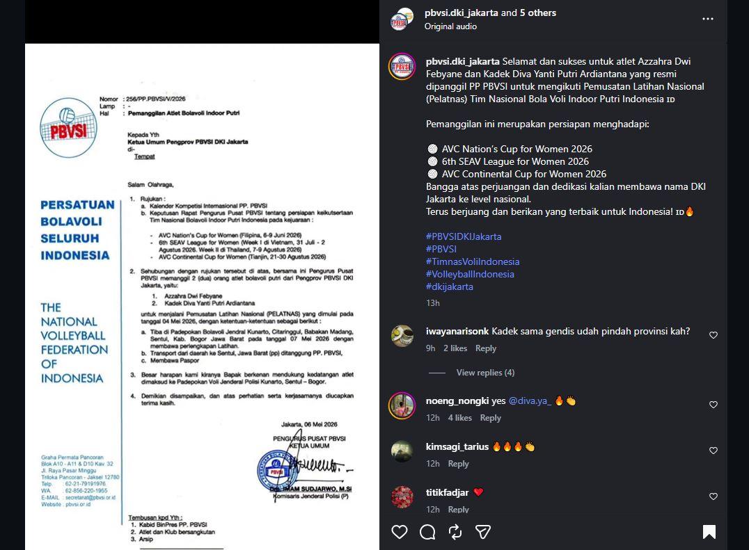 SURAT PEMANGGILAN - Surat pemanggilan kepada Gendis dan Kadek Diva dari PBVSI untuk mengikuti pemusatan pelatihan Timnas Voli Putri Indonesia di Sentul, Bogor, awal Mei 2026 ini.