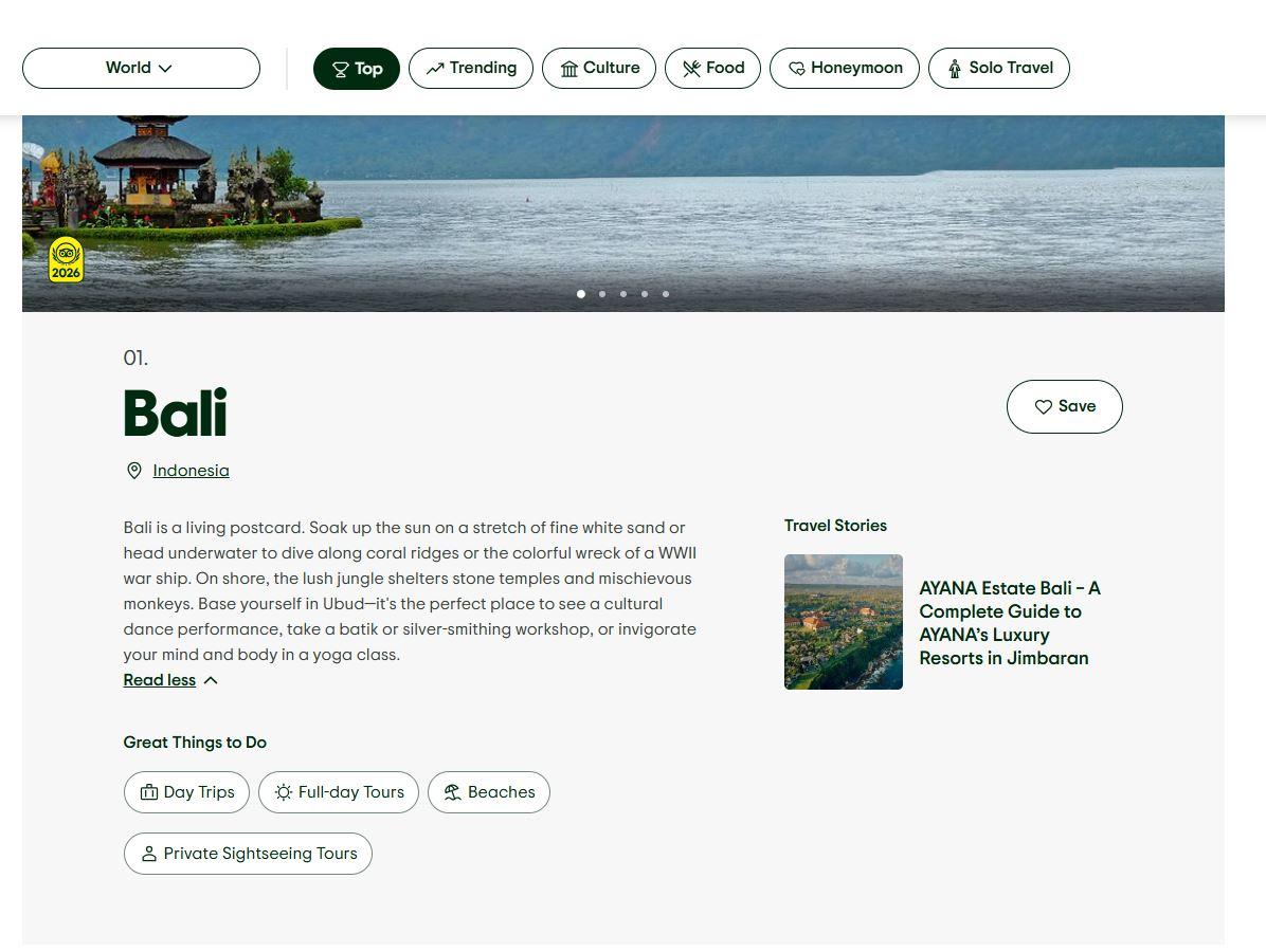DESTINASI TERBAIK - Tangkap layar laman Tripadvisor, memperlihatkan profil Bali sebagai Destinasi Terbaik 2026. Bali dinobatkan sebagai destinasi wisata terbaik dunia versi Tripadvisor 2026, mengalahkan London dan Dubai