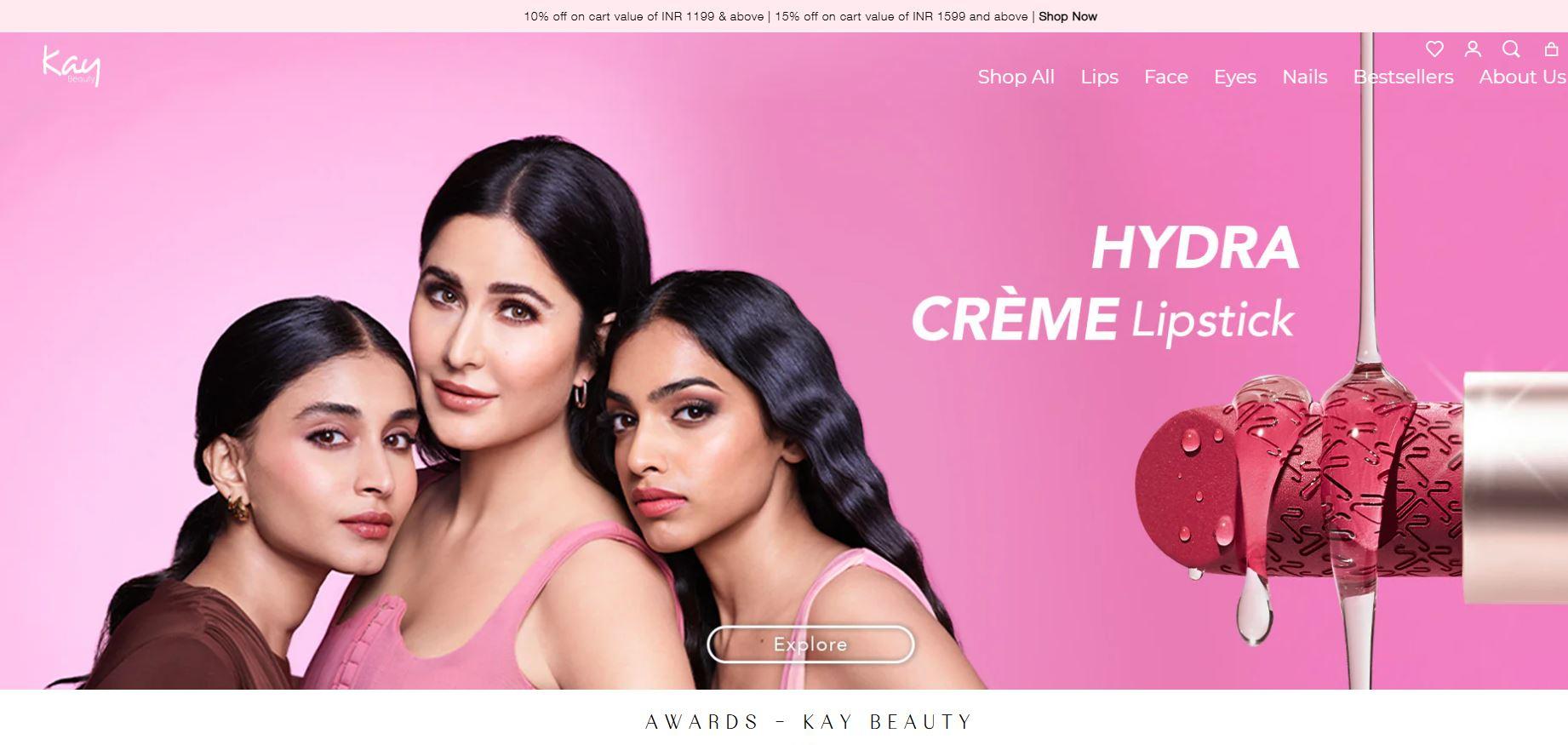PERUSAHAAN MAKEUP ARTIS - Tangkap layar situs Kay Beauty oleh bintang Bollywood Katrina Kaif dan Nykaa. Inilah 10 perusahaan atau brand kecantikan milik para selebriti di dunia yang paling populer.