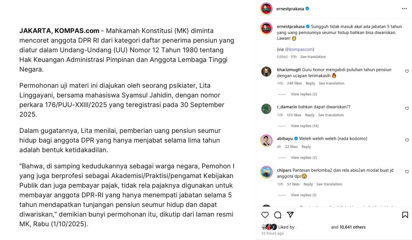 Unggahan komika Ernest Prakasa menyoroti pensiunan DPR