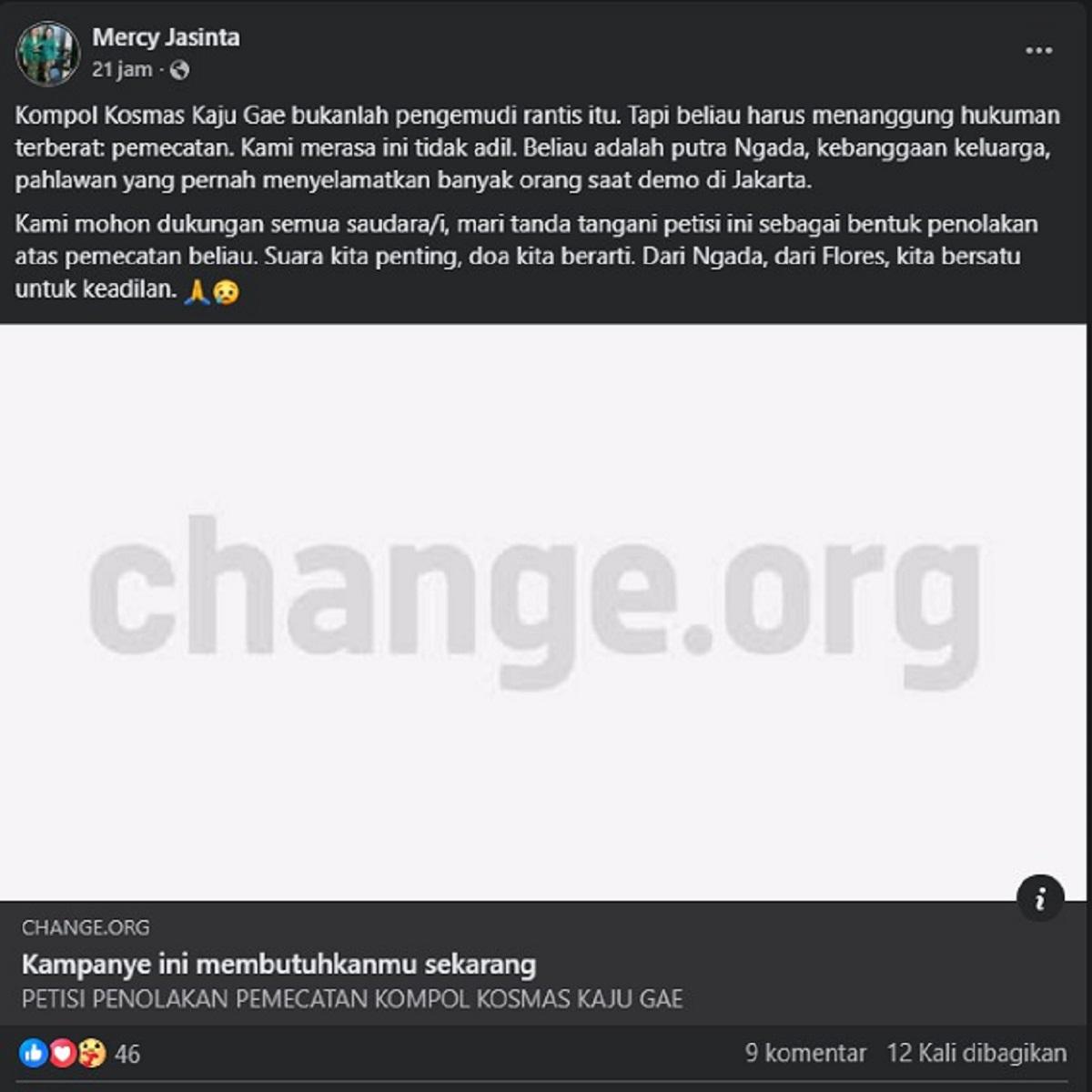 Unggahan penggalang petisi menolak keputusan PTDH Kompol Cosmas Kaju Gae