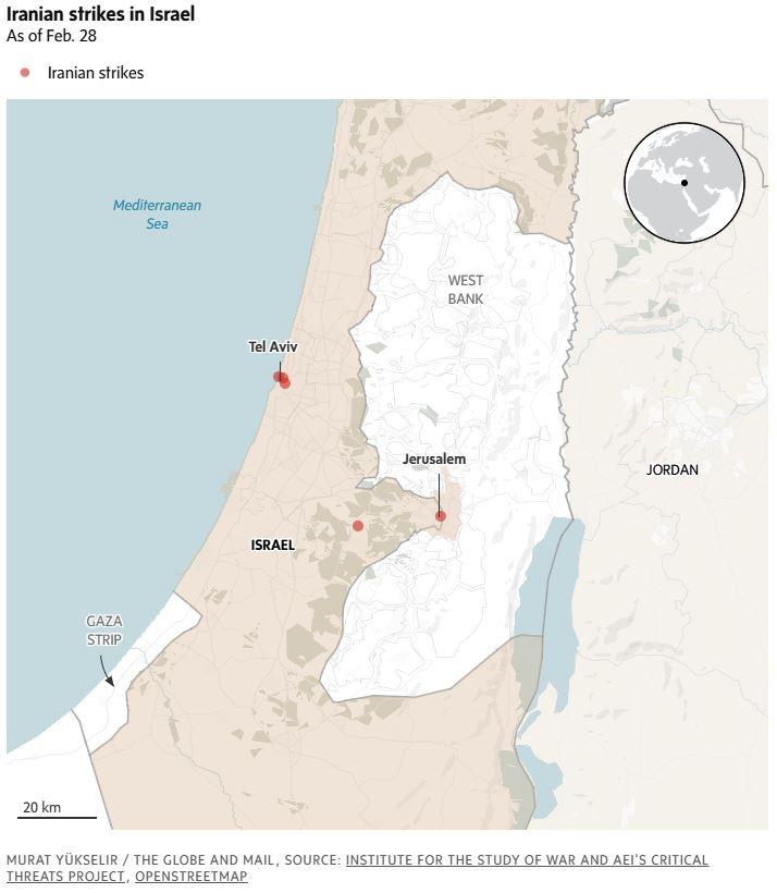 KONFLIK TIMUR TENGAH - Tangkap layar The Globe and Mail menampilkan peta serangan Iran terhadap Israel per 28 Februari 2026. Pangkalan Militer AS ditandai dengan tanda bintang.