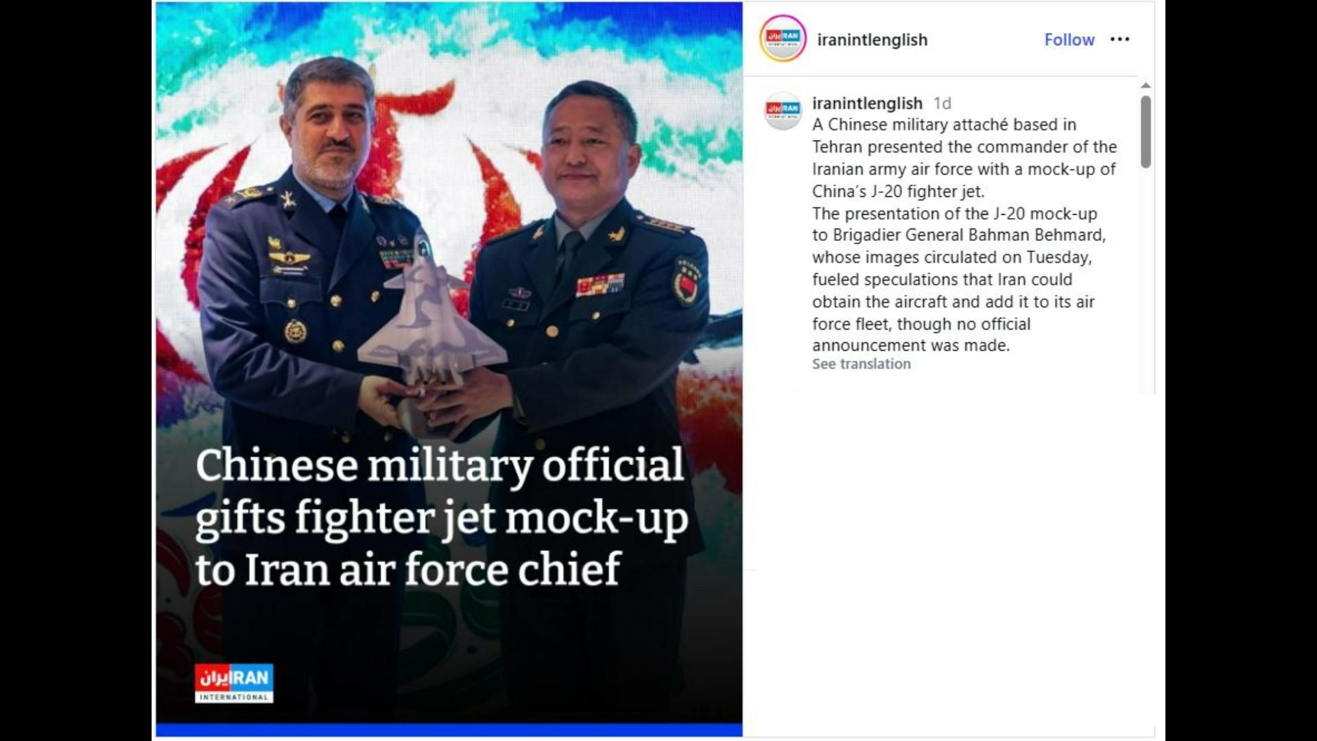 IRAN DAN CHINA - Foto yang beredar di media sosial dan dikutip media Iran International, menampilkan pejabat militer China menyerahkan miniatur pesawat tempur J-20 kepada pejabat militer Iran. Momen ini mengisyaratkan kemungkinan kerja sama militer yang lebih besar antara kedua negara.