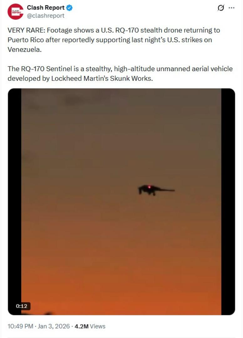 DRONE SILUMAN - Tangkap layar di media sosial menunjukkan pesawat nirawak RQ-170 Sentinel terbang setelah operasi penangkapan Maduro.