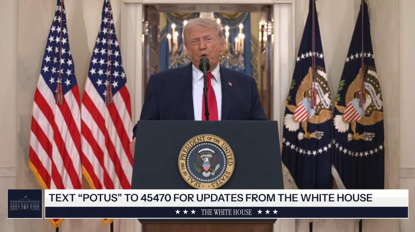 PIDATO TRUMP - Tangkap layar YouTube The White House pada 1 April 2026 menampilkan pidato Presiden AS Donald Trump tentang perang di Iran. Donald Trump menyatakan perang Iran hampir selesai, tetapi membuka kemungkinan eskalasi serangan dalam 2–3 minggu ke depan.