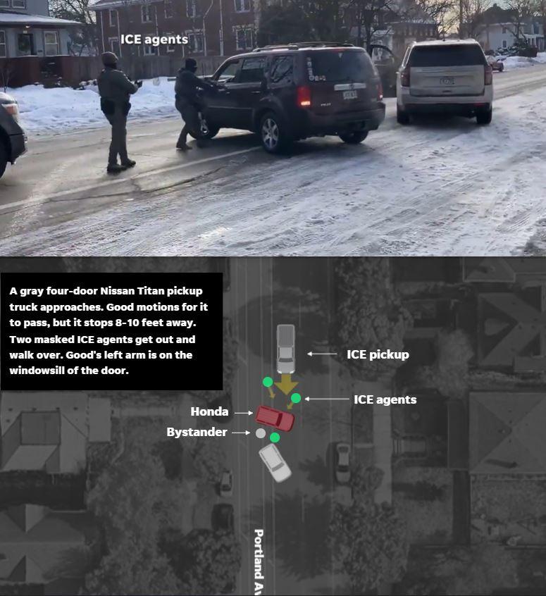 WANITA DITEMBAK PETUGAS - Tangkap layar detik-detik penembakan seorang wanita oleh petugas ICE di Minneapolis, AS, Rabu (6/1/2026). Pemerintah federal menyebut korban berusaha menabrak petugas, namun Gubernur Minnesota dan Wali Kota Minneapolis membantah klaim tersebut.