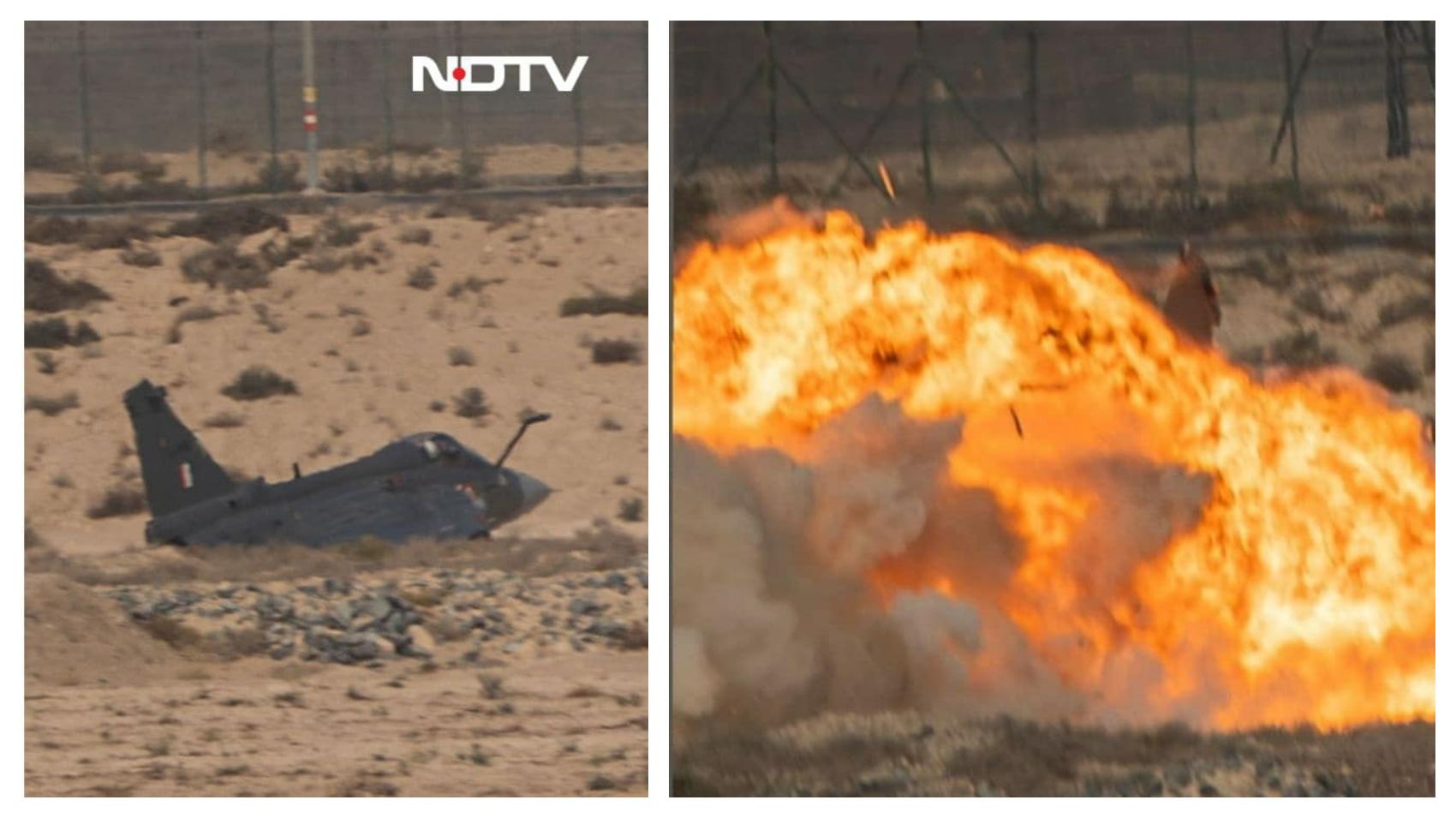 PESAWAT TEJAS JATUH - Tangkap layar NDTV, memperlihatkan dari jarak dekat pesawat tempur Tejas yang jatuh saat melakukan atraksi di Dubai Airshow 2025, Jumat (21/11/2025). Pilot tewas dalam insiden ini.