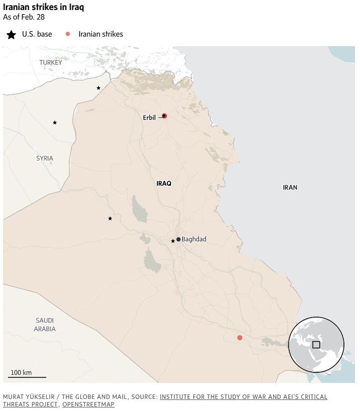 KONFLIK TIMUR TENGAH - Tangkap layar The Globe and Mail menampilkan peta serangan Iran terhadap Irak per 28 Februari 2026. Pangkalan Militer AS ditandai dengan tanda bintang.