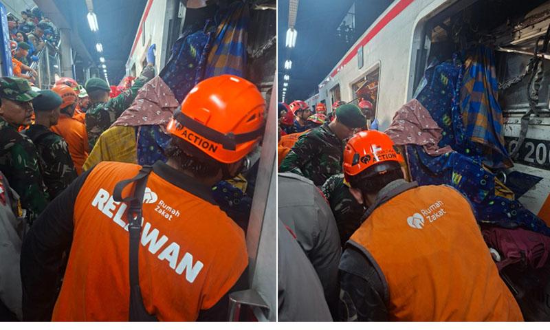 KECELAKAAN KERETA - Relawan Rumah Zakat terjun langsung melakukan evakuasi korban kecelakaan kereta Argo Bromo Anggrek versus KRL di Stasiun Bekasi Timur, Senin(27/4/2026) malam.