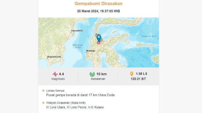Gempa M 4,4 Guncang Doda, Sulteng Malam Ini, BMKG: Dirasakan di Lore Utara, Lore Peore, dan Kulawi