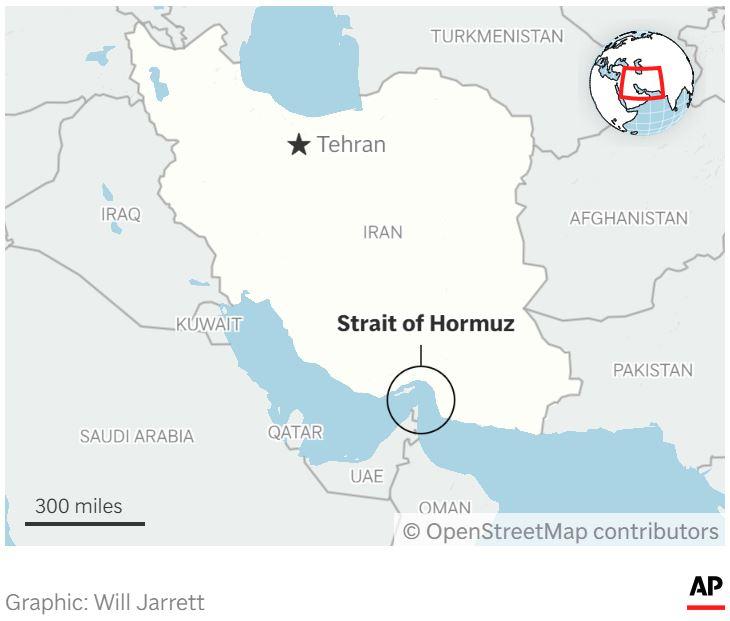 SELAT HORMUZ - Tangkap layar AP News memperlihatkan peta lokasi Selat Hormuz. Iran mengumumkan penutupan sementara selat tersebut untuk latihan tembak.