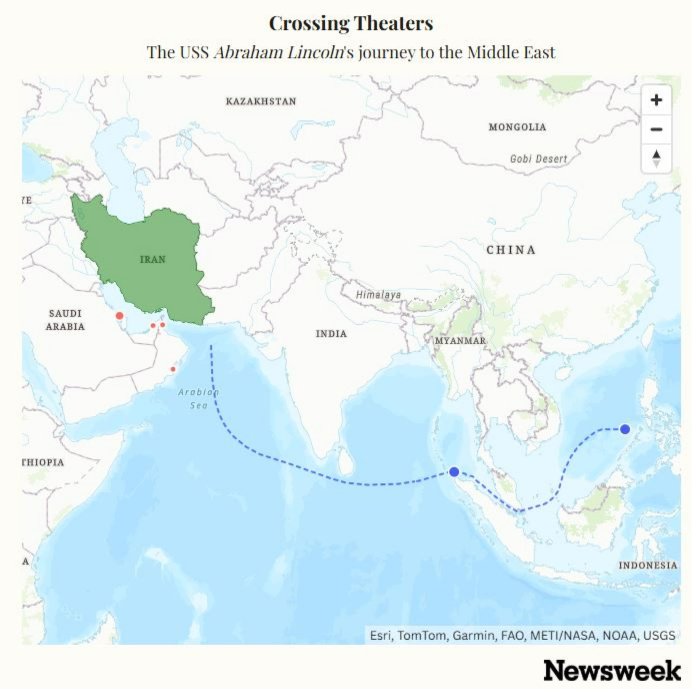 JALUR KE IRAN - Tangkap layar Newsweek menampilkan potensi jalur pelayaran kapal induk AS USS Abraham Lincoln dari Pasifik menuju Timur Tengah. Kapal meninggalkan Laut China Selatan dan memasuki Selat Malaka, jalur strategis yang menghubungkan Samudra Hindia di barat dengan Samudra Pasifik di timur.