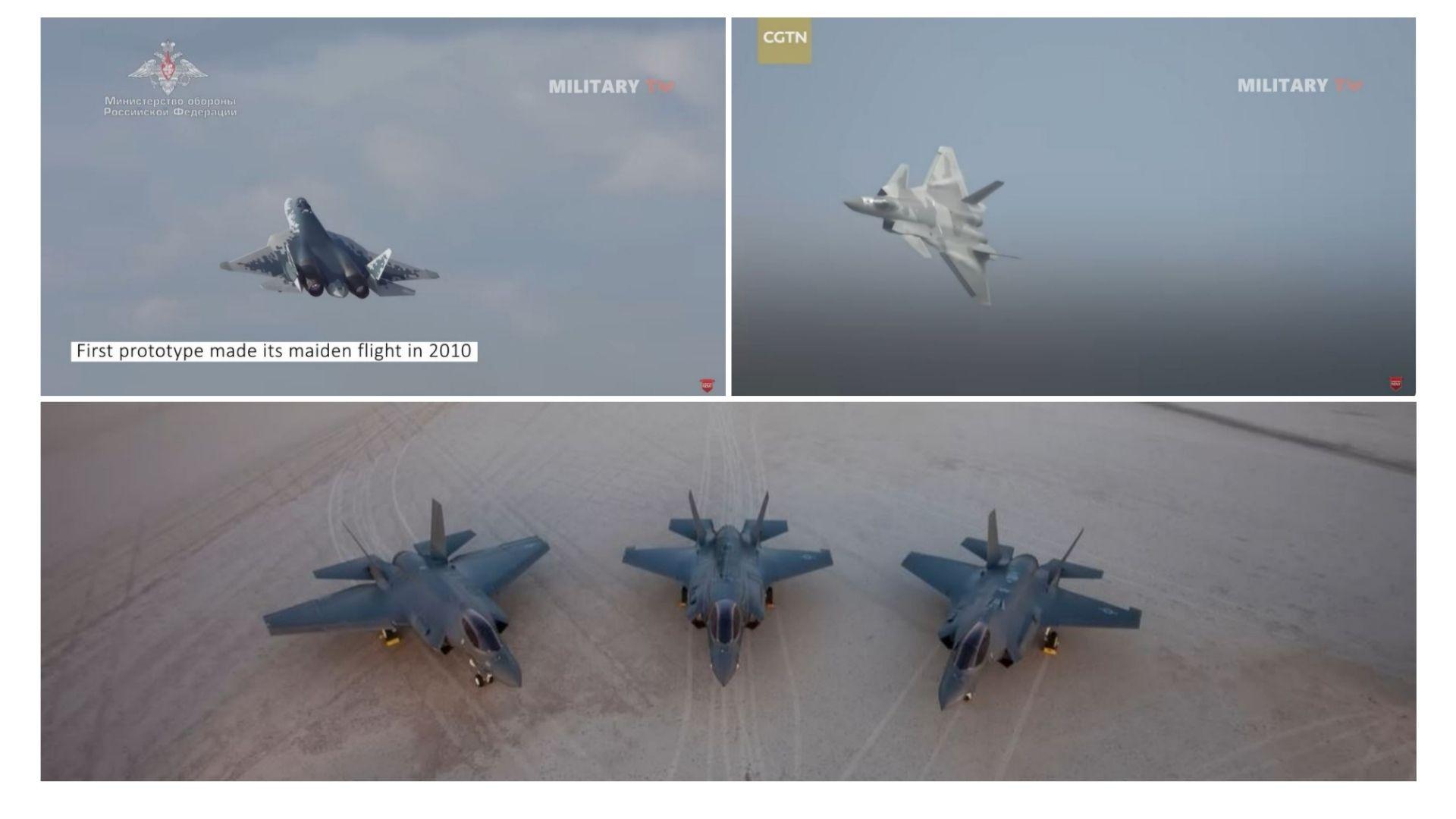 JET TEMPUR TERBAIK - Kolase tangkap layar YouTube Military TV, memperlihatkan jet tempur Su-57 (kiri atas), J-20 (kanan atas) dan F-35 (bawah). Inilah perbandingan 3 jet tempur terbaik dunia.