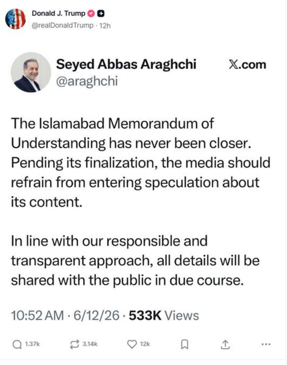 PERANG IRAN - Tangkap layar Truth Social Donald Trump yang membagikan ulang postingan Menlu Iran Abbas Araghchi.