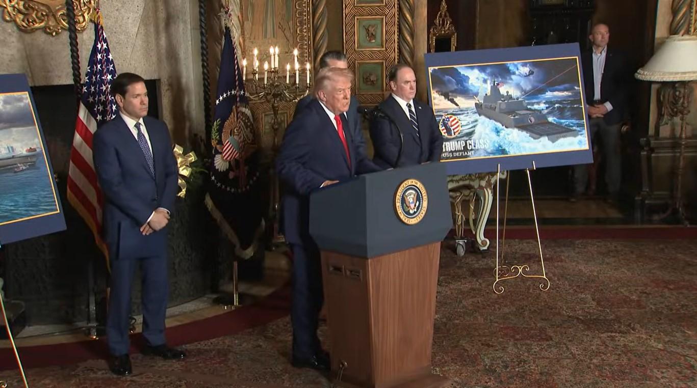 KAPAL KELAS TRUMP - Tangkap layar YouTube CBS News memperlihatkan Presiden AS Donald Trump mengumumkan kapal perang kelas baru pada Selasa (23/12/2025). Kelas kapal perang baru itu dinamai berdasarkan namanya sendiri.