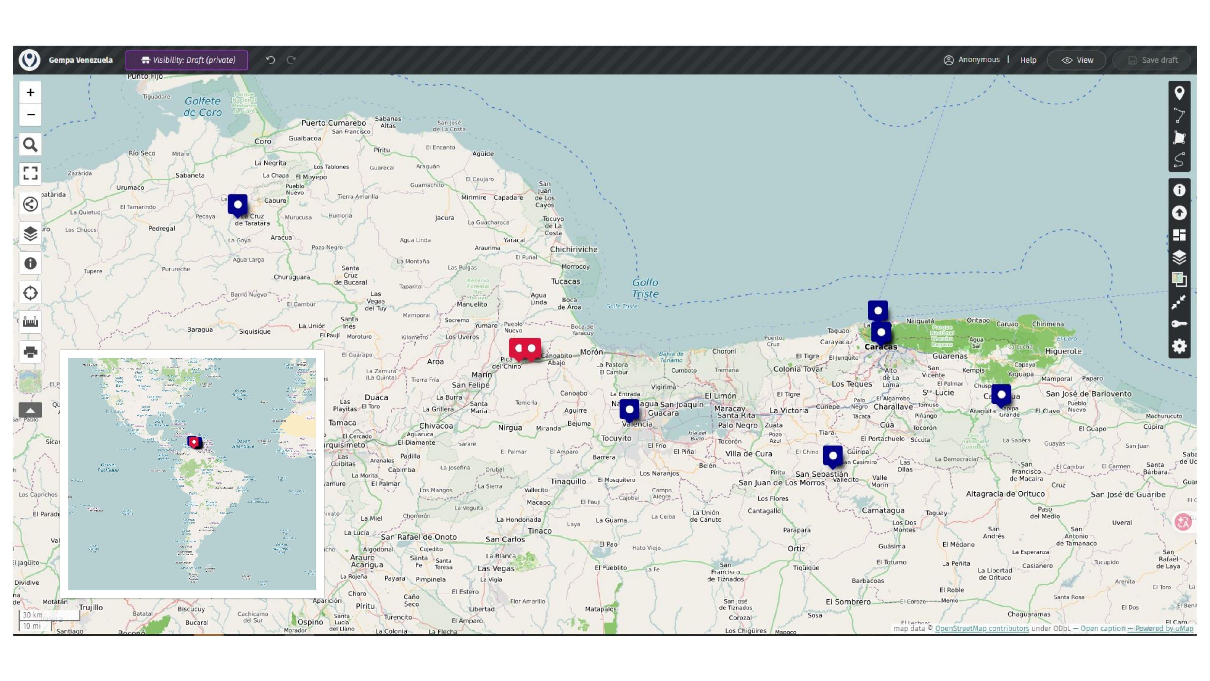 GEMPA VENEZUELA - Tangkap layar peta interaktif yang dibuat dari situs Umap, menampilkan lokasi gempa Venezuela pada 24 Juni 2026. Titik berwarna merah menunjukkan pusat gempa ganda sementara titik berwarna biru menunjukkan wilayah yang paling terdampak gempa.
