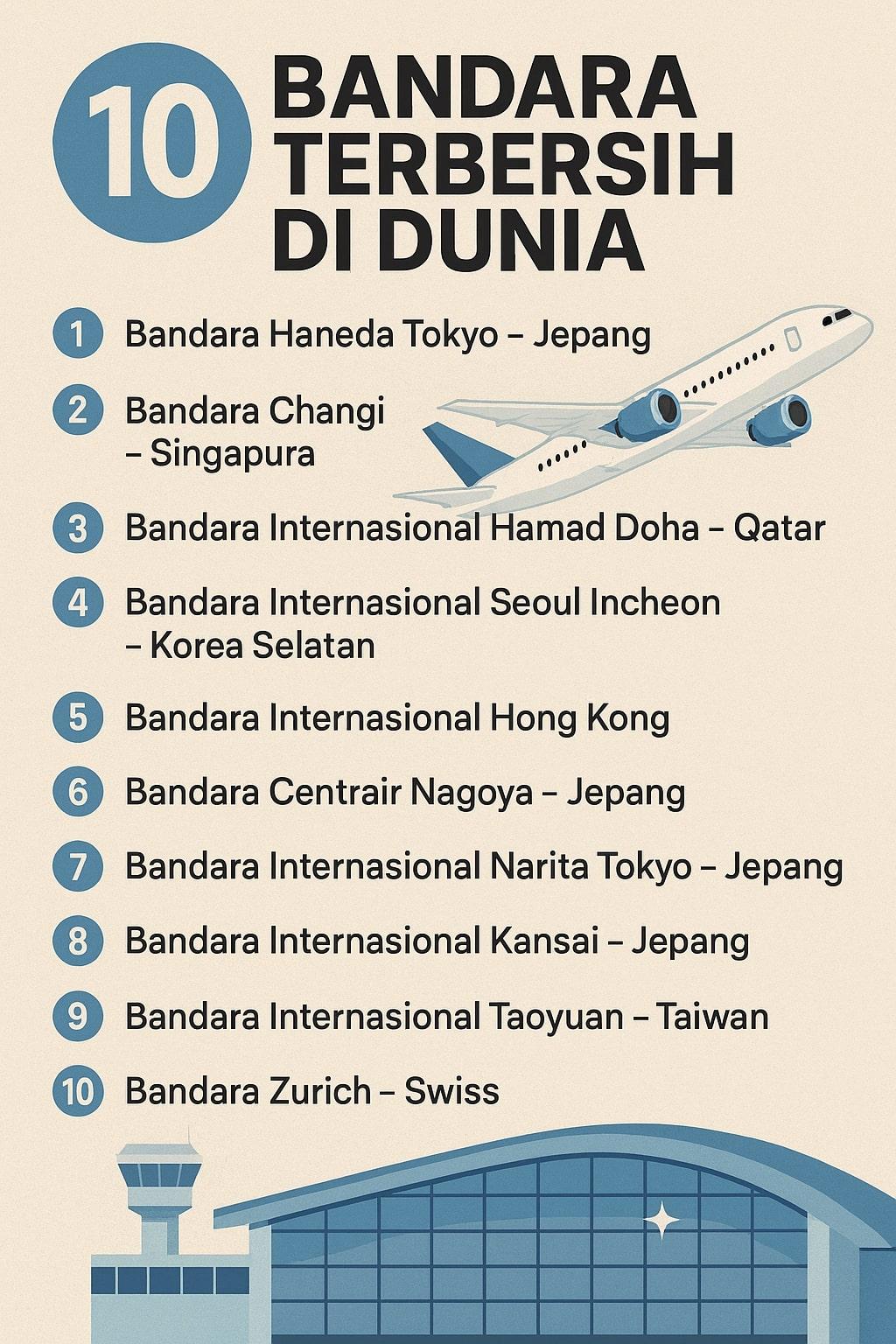 TOP RANK - Infografik 10 Bandara Terbersih di Dunia, dibuat dengan AI pada 12 Agustus 2025. Inilah daftar 10 bandara terbersih di dunia, 4 di antaranya berada di Jepang.