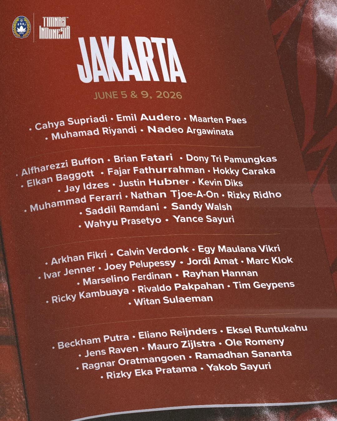 SKUAD TIMNAS INDONESIA - Daftar 44 pemain sementara Timnas Indonesia yang dipanggil John Herdman untuk FIFA Matchday Juni 2026 melawan Oman dan Mozambik di Stadion Utama Gelora Bung Karno (SUGBK), Jakarta.