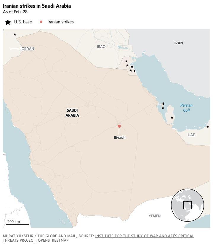 KONFLIK TIMUR TENGAH - Tangkap layar The Globe and Mail menampilkan peta serangan Iran terhadap Arab Saudi per 28 Februari 2026. Pangkalan Militer AS ditandai dengan tanda bintang.
