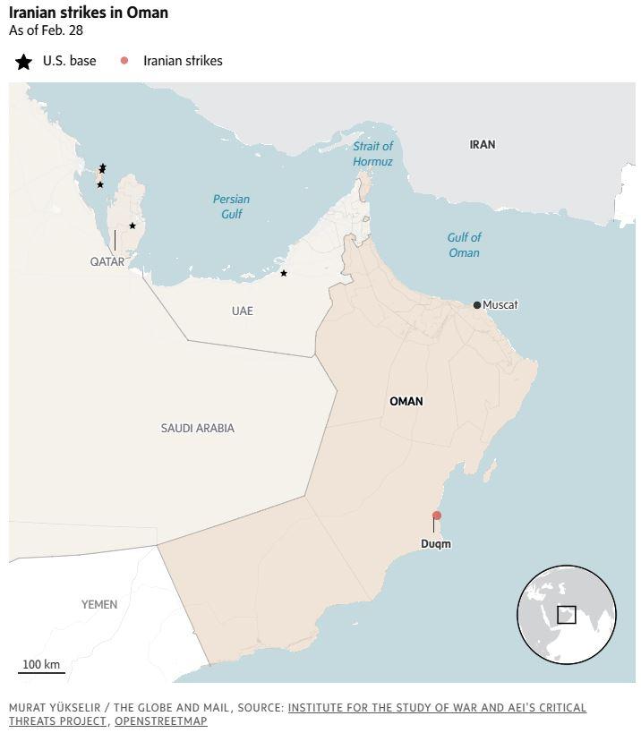 KONFLIK TIMUR TENGAH - Tangkap layar The Globe and Mail menampilkan peta serangan Iran terhadap Oman per 28 Februari 2026. Pangkalan Militer AS ditandai dengan tanda bintang.