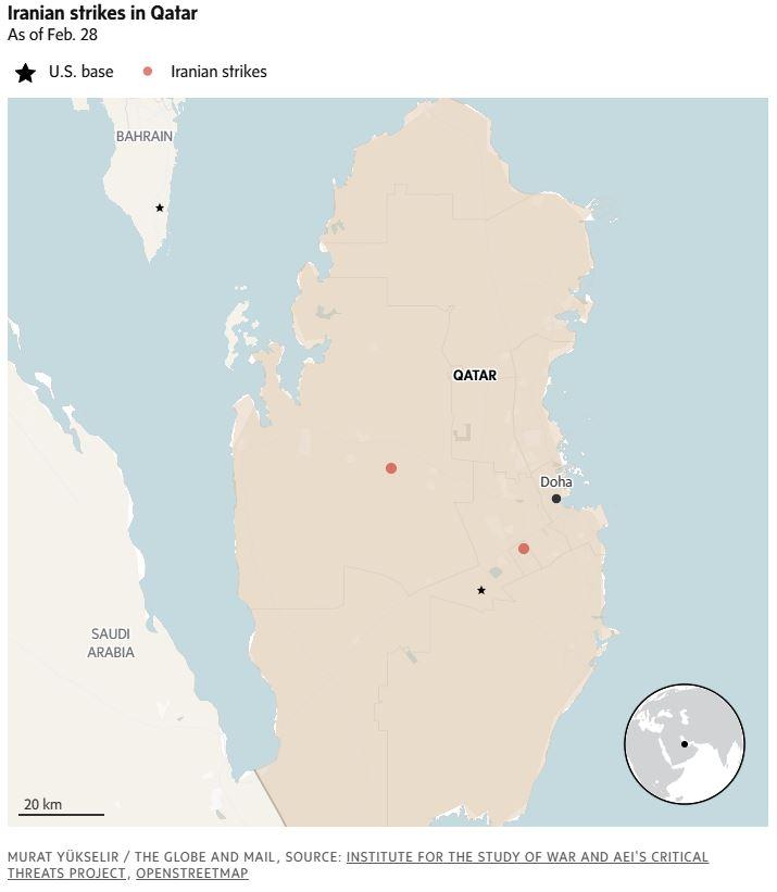 KONFLIK TIMUR TENGAH - Tangkap layar The Globe and Mail menampilkan peta serangan Iran terhadap Qatar per 28 Februari 2026. Pangkalan Militer AS ditandai dengan tanda bintang.