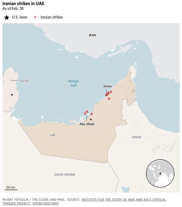 KONFLIK TIMUR TENGAH - Tangkap layar The Globe and Mail menampilkan peta serangan Iran terhadap UEA per 28 Februari 2026. Pangkalan Militer AS ditandai dengan tanda bintang.