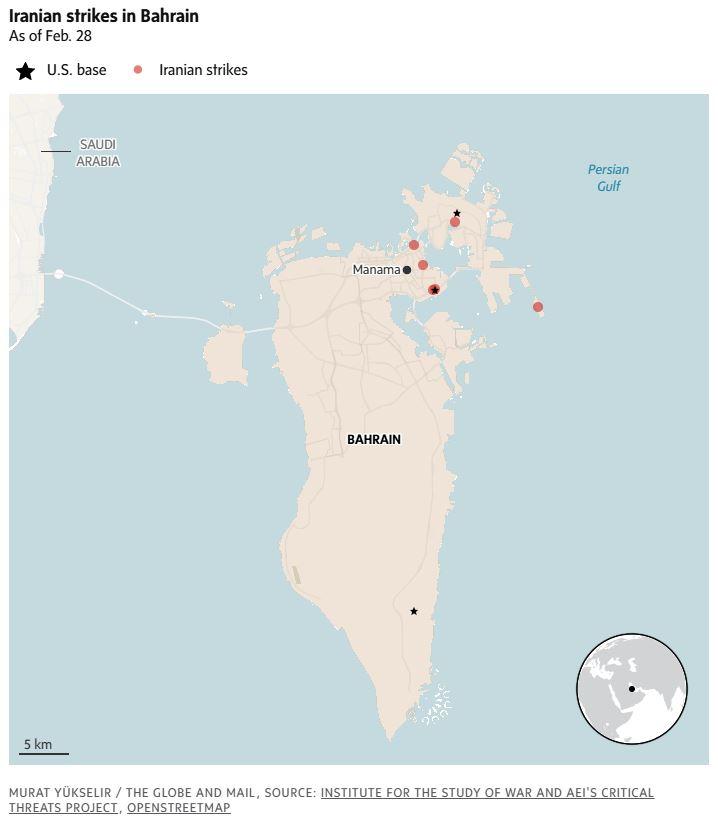 KONFLIK TIMUR TENGAH - Tangkap layar The Globe and Mail menampilkan peta serangan Iran terhadap Bahrain per 28 Februari 2026. Pangkalan Militer AS ditandai dengan tanda bintang.