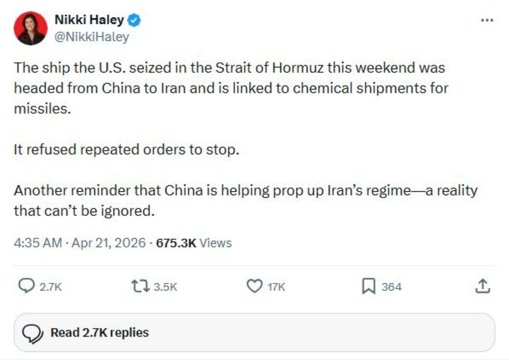 KAPAL IRAN DISITA - Tangkap layar X memperlihatkan cuitan Nikki Haley tentang kapal Iran yang disita AS. Ia menyebut kapal itu membawa bahan kimia untuk keperluan rudal.