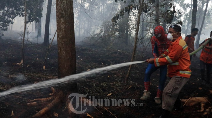 Spiderman Bersama Petugas Padamkan Karhutla