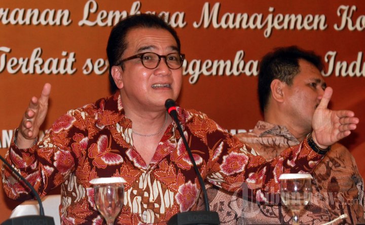 Tantowi Yahya, Ketua Umum PAPPRI, memimpin jalannya Jumpa Pers Konser Musik Persaudaraan dan Seminar PAPPRI di Auditorium Gedung Departemen Perdagangan, Gambir, Jakarta Pusat, Selasa (25/11/2014). 