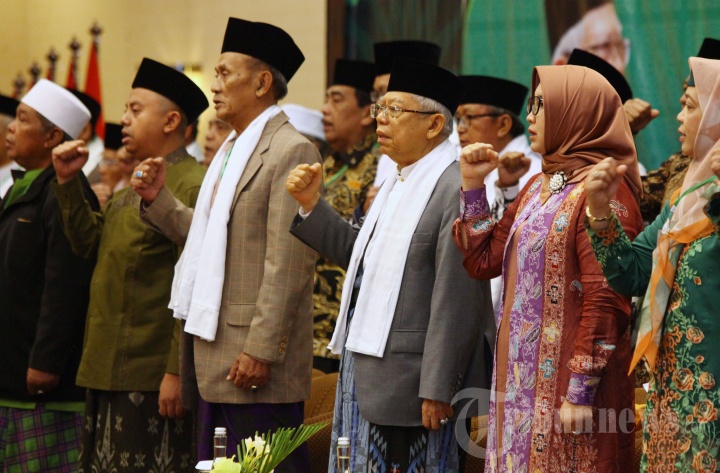Wakil Presiden RI terpilih 2019-2024, KH Ma'ruf Amin menghadiri acara Tasyakur Kebangsaan Bersama Ulama yang diselenggarakan Pengurus Wilayah Nahdlatul Ulama (PWNU) Jawa Barat, di Hotel Horison, Jalan Pelajar Pejuang, Kota Bandung, Jumat (30/8/2019). Silaturahmi bertajuk 