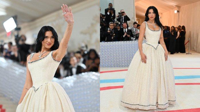 Penyanyi-penulis lagu Inggris Dua Lipa tiba untuk Met Gala 2023 di Metropolitan Museum of Art pada 1 Mei 2023, di New York. Gala mengumpulkan uang untuk Institut Kostum Museum Seni Metropolitan. Tema Gala 2023 adalah 